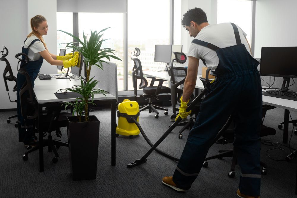 A man and a woman are cleaning an office with a vacuum cleaner.