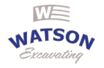 Logo for Watson Excavating featuring a blue, arched "WATSON" above the grey, cursive word "Excavating" and a "W" icon.