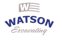 Logo for Watson Excavating featuring a blue, arched "WATSON" above the grey, cursive word "Excavating" and a "W" icon.