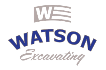 Logo for Watson Excavating featuring a blue, arched "WATSON" above the grey, cursive word "Excavating" and a "W" icon.
