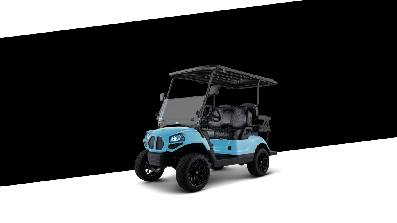 Blue golf cart with black accents and canopy on a black and white background.