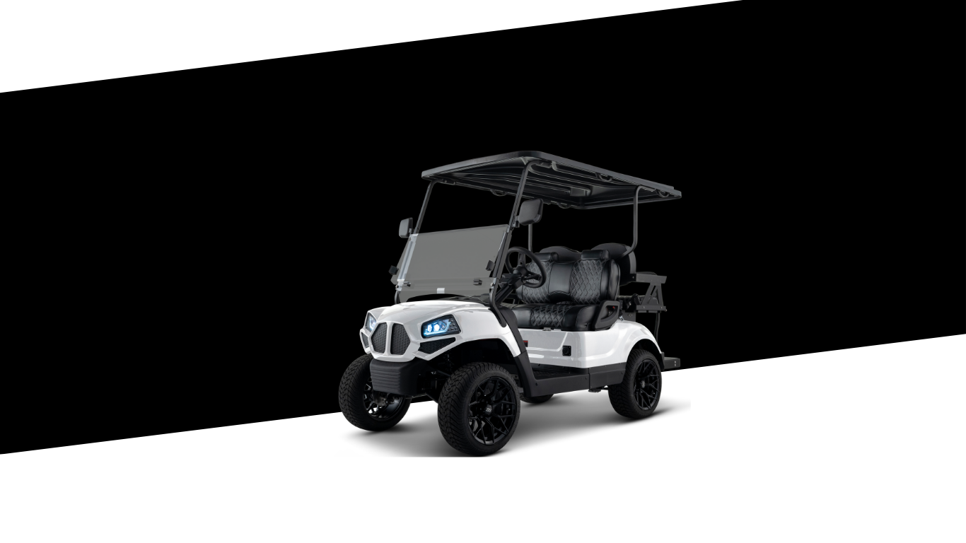White golf cart with black accents on a black and white background.