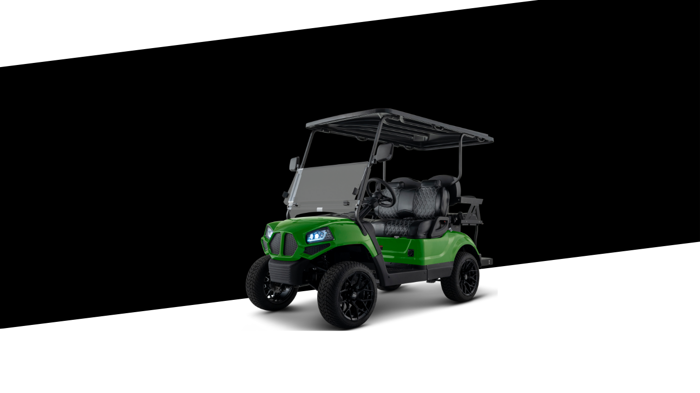 Green golf cart on a black and white background.