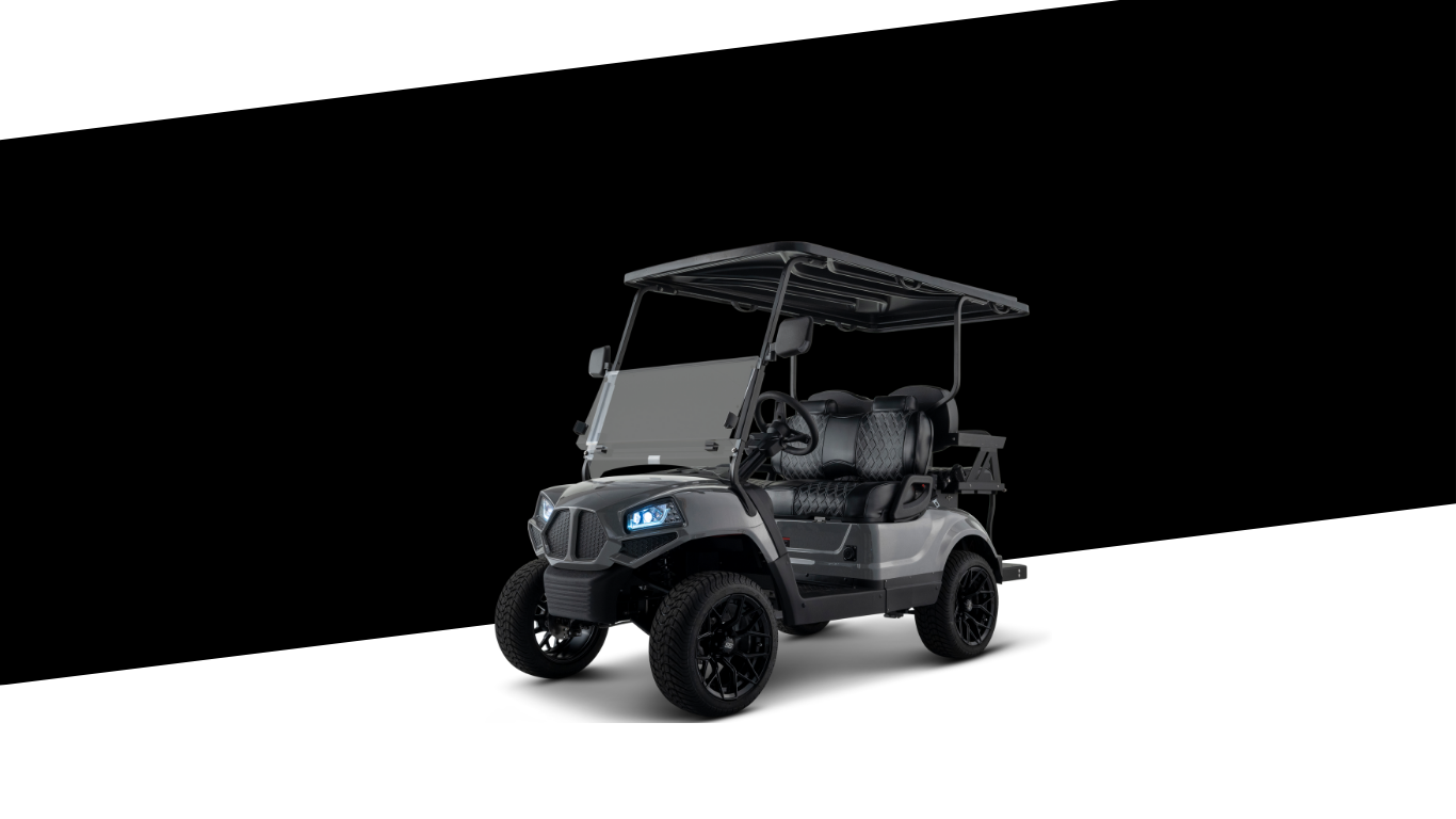 Dark gray golf cart against a black and white background.