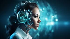 AI assistant in a sleek headset assisting a luxury brand client via computer, symbolizing intelligent, professional automation. Luxelogiciq