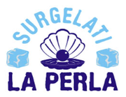 Logo per Surgelati La Perla con una conchiglia viola e cubetti di ghiaccio su sfondo bianco.