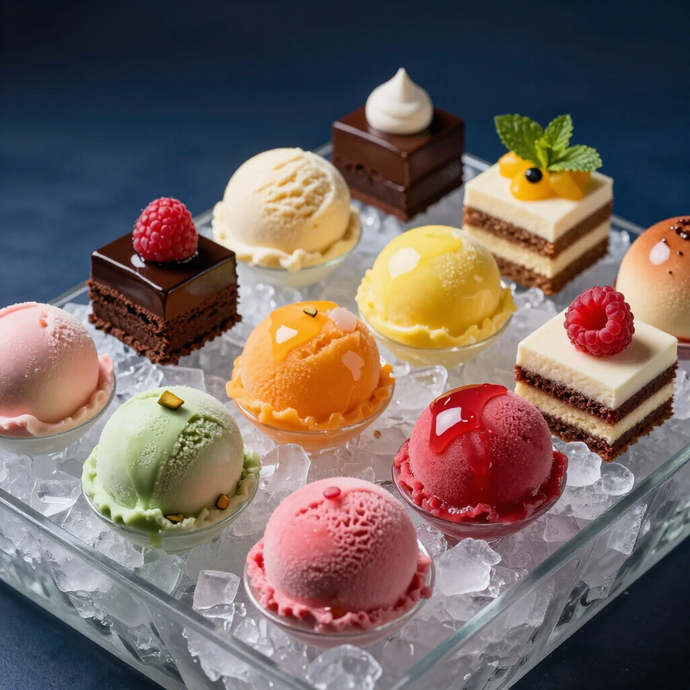 Assortimento di dessert colorati e palline di gelato su un vassoio di vetro pieno di ghiaccio.