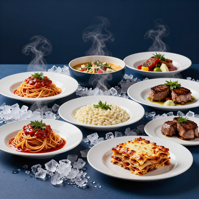 Assortimento di pasta e carne fumanti su piatti bianchi disposti su ghiaccio su uno sfondo scuro.