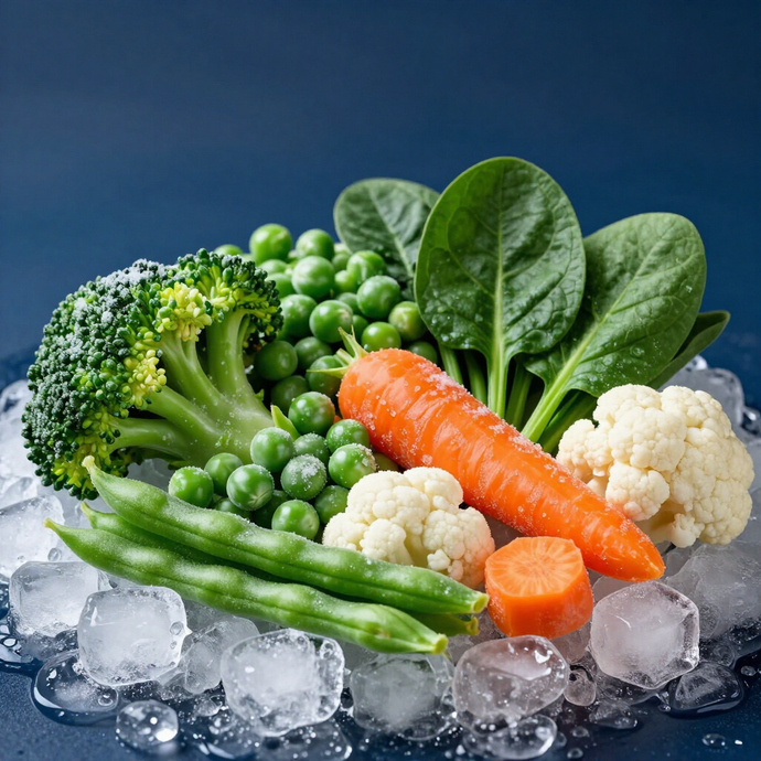 Verdure fresche su ghiaccio: broccoli, piselli, carote, cavolfiore, fagiolini e foglie di spinaci.