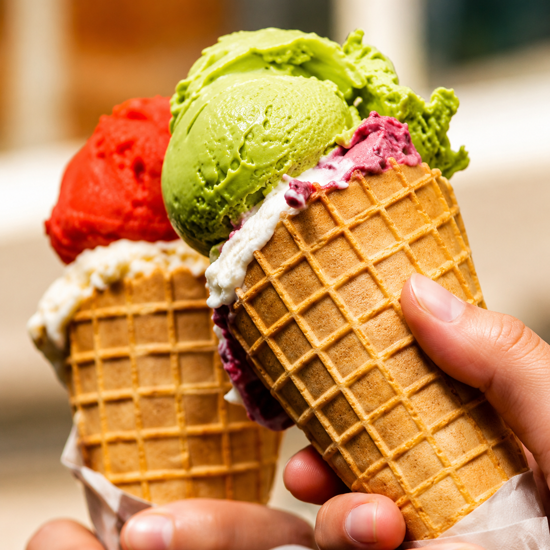Due coni waffle con palline di gelato verde, rosso e bianco, uno tenuto in mano