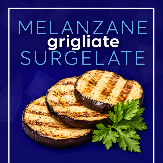 Fette di melanzane grigliate con prezzemolo su sfondo blu, etichettate “Melanzane grigliate surgelate”