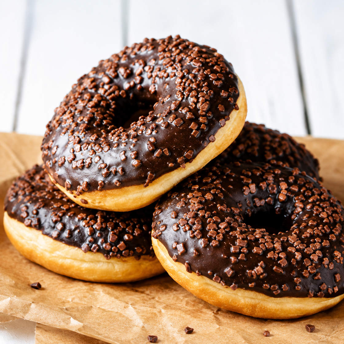 Ciambelle glassate al cioccolato impilate su carta da forno marrone su una superficie di legno bianca