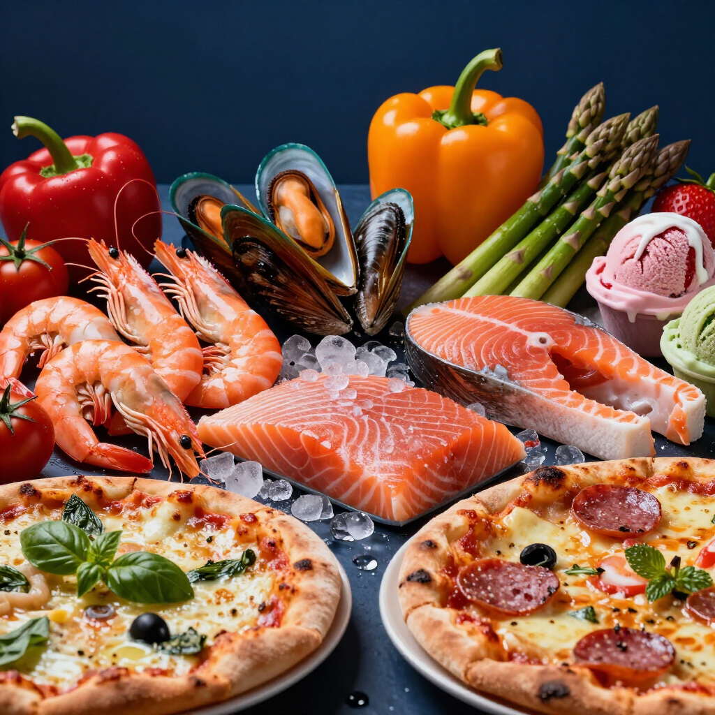 Insalata di pesce e pizza con salmone, gamberi, cozze, peperoni, asparagi e gelato su ghiaccio