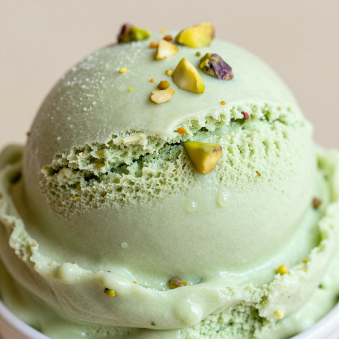 Pallina di gelato al macaron verde menta guarnita con pezzetti di pistacchio.