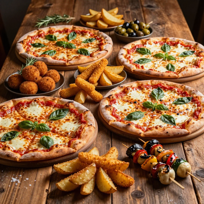 Tavolo di legno con diverse pizze, snack fritti, spiedini, spicchi di patate e olive.