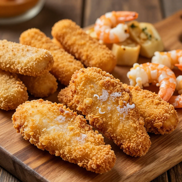 Assortimento di croccanti bocconcini di pesce e gamberi fritti su un tagliere di legno, guarniti con erbe aromatiche e salsa.