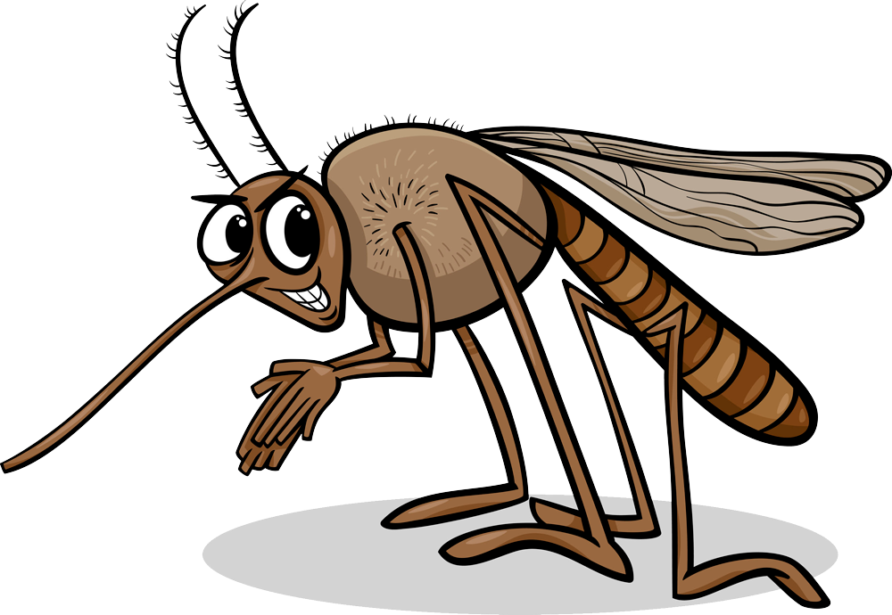 A cartoon mosquito is smiling and looking at the camera.