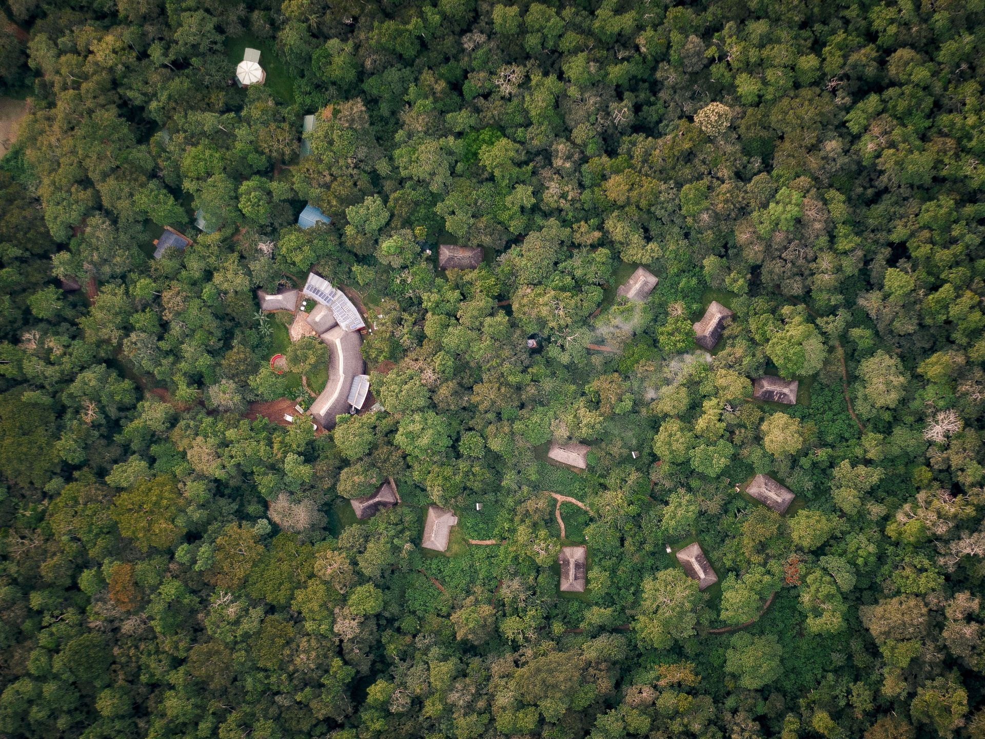 Aerial view of a lodge and huts nestled in a dense green forest canopy.