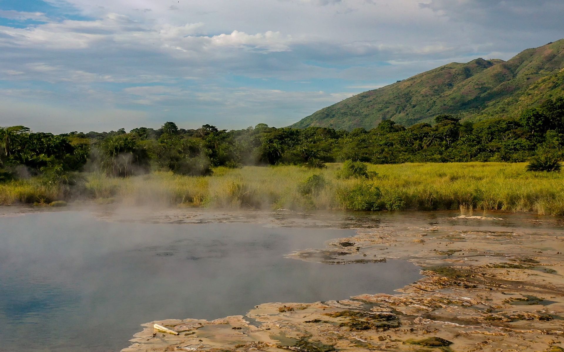 Steaming hot spring with brown and beige edges, surrounded by greenery, trees, and a mountain under a cloudy sky.