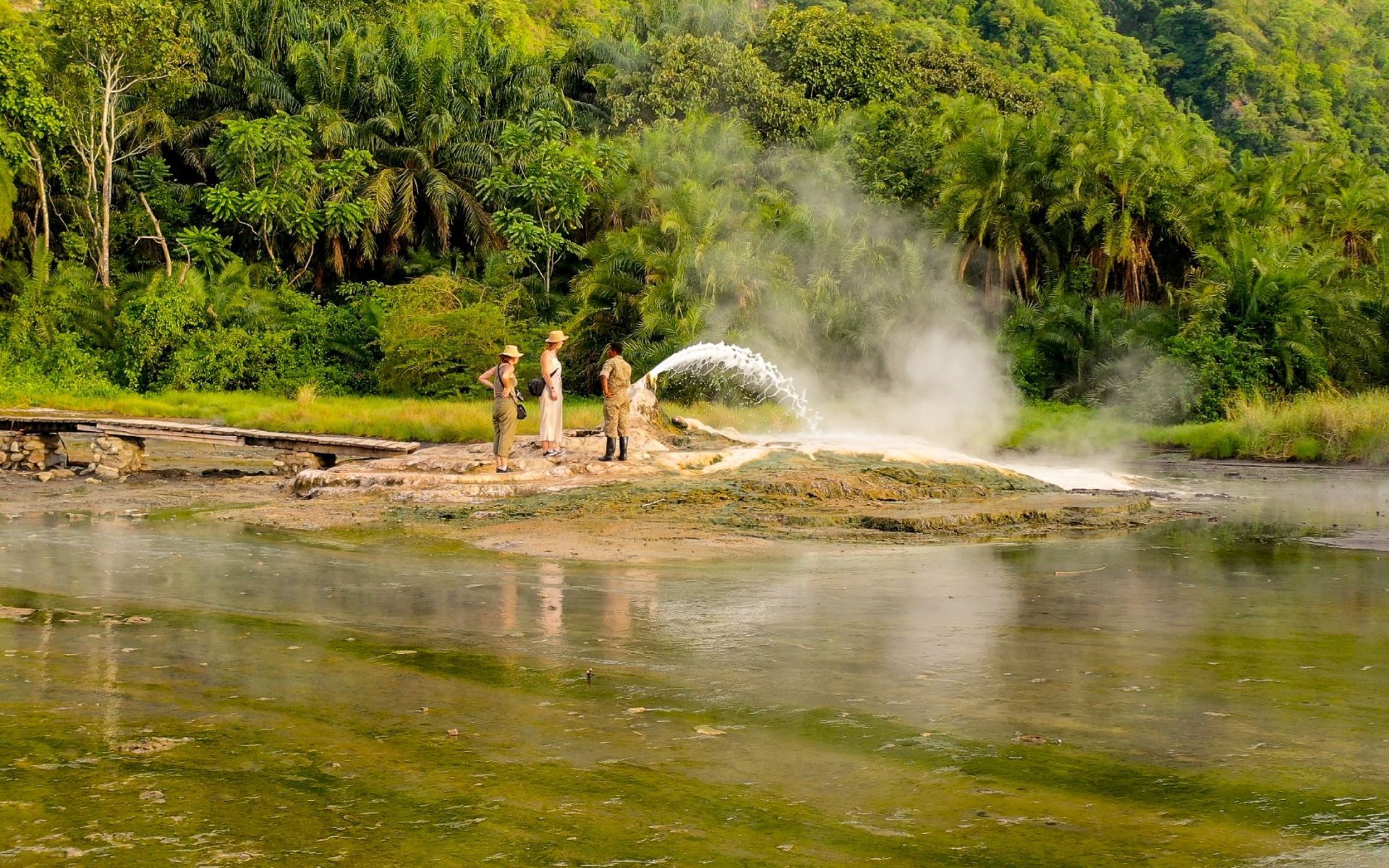 People observing a geyser erupting hot water. Green trees surround a muddy, steaming area.