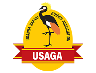 Logo of Uganda Safari Guides Association. A crane in a yellow circle, with red banner and