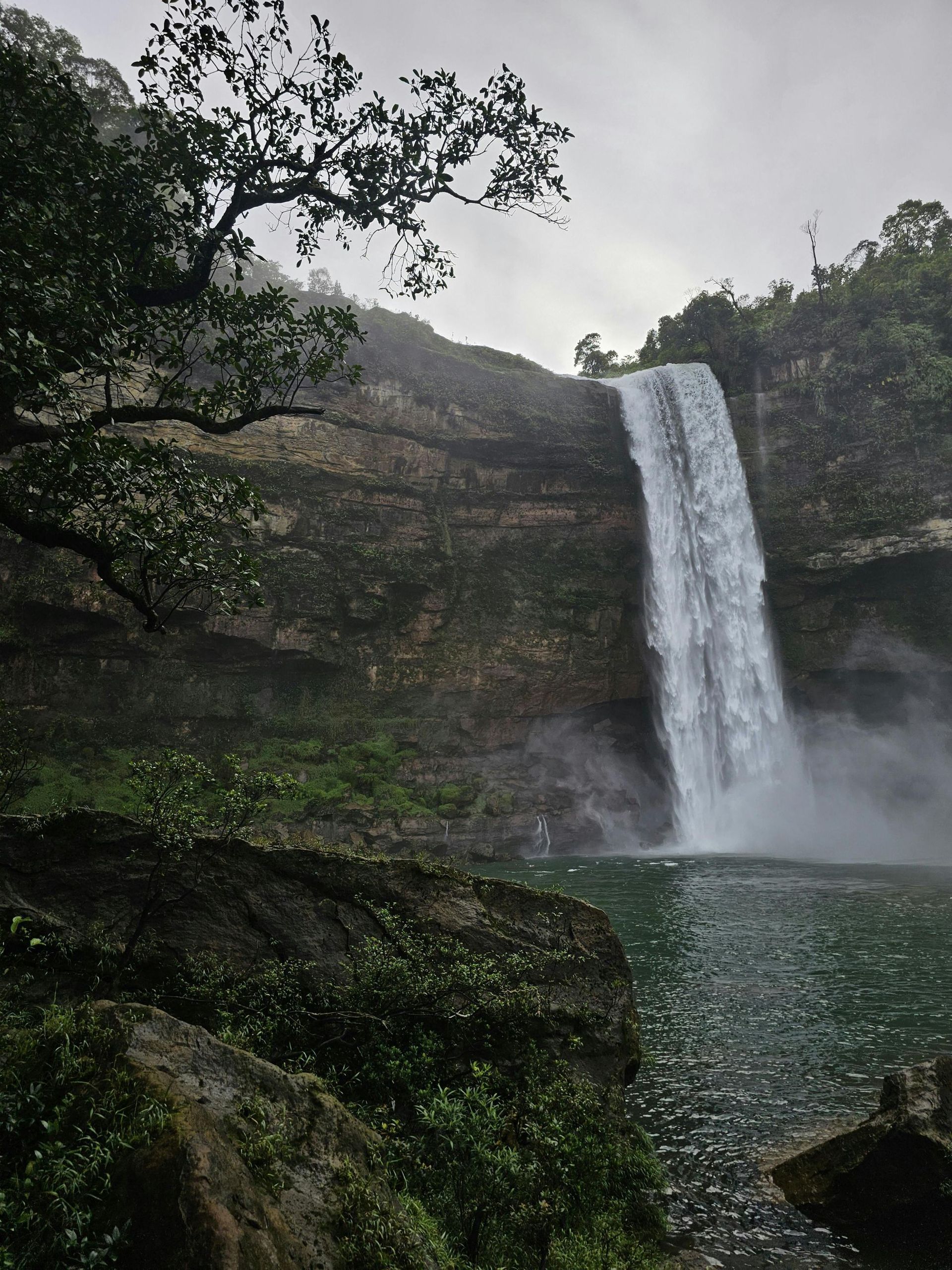 Waterfall cascading down a rock face into a pool, surrounded by lush green vegetation. Overcast sky.