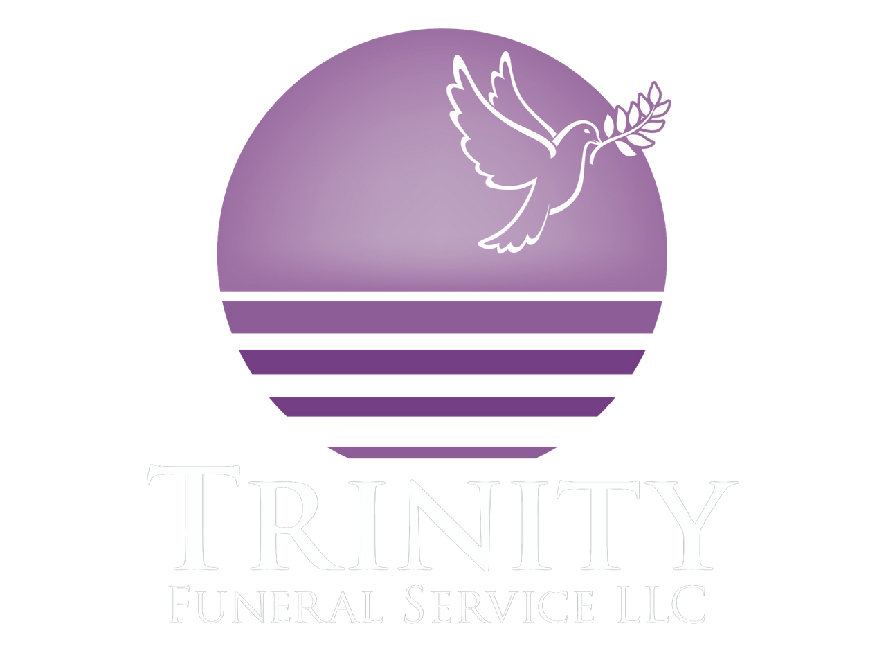 Trinity Funeral Service logo: dove with olive branch over purple sun, with horizontal white stripes and text.