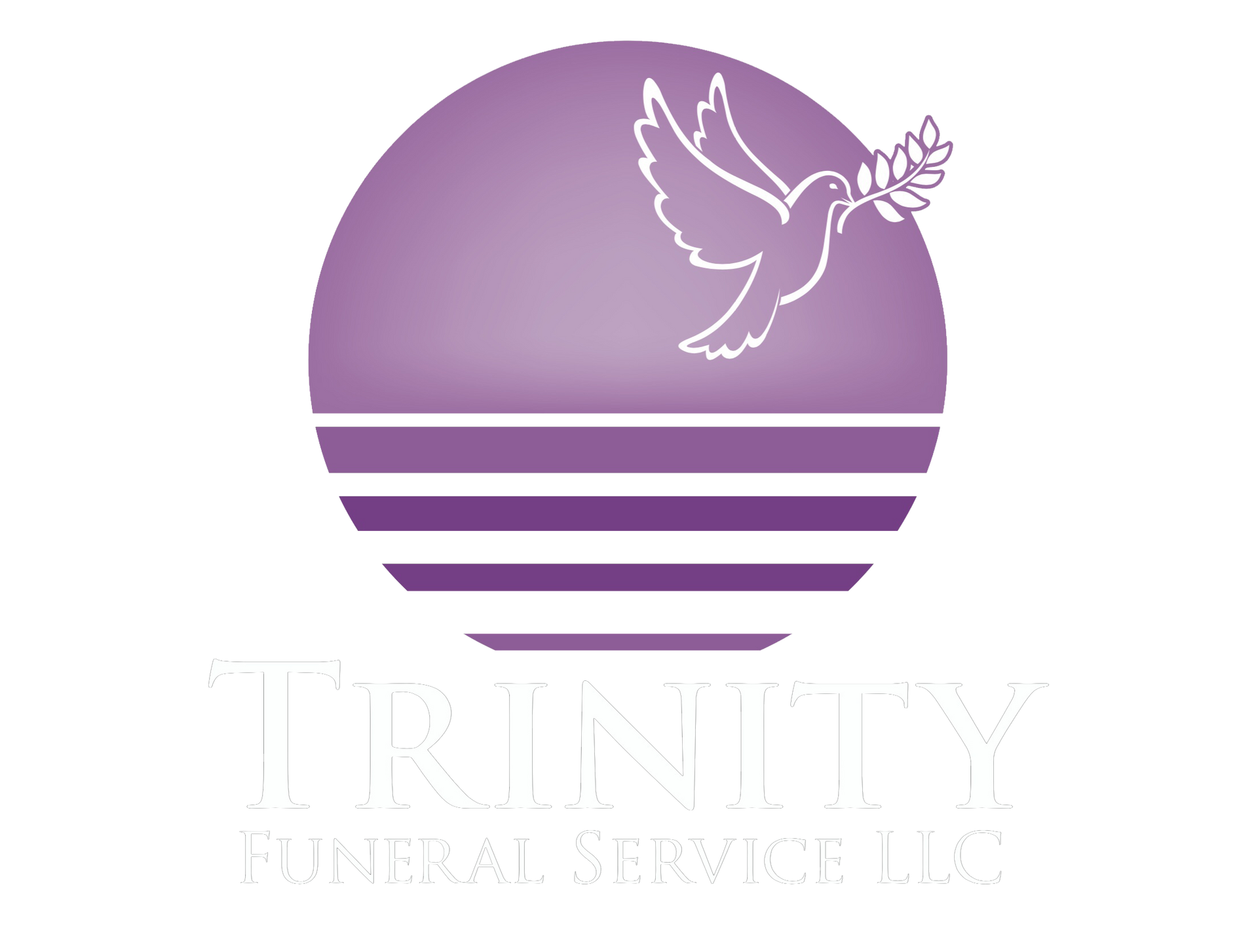 Trinity Funeral Service logo: dove with olive branch over purple sun, with horizontal white stripes and text.