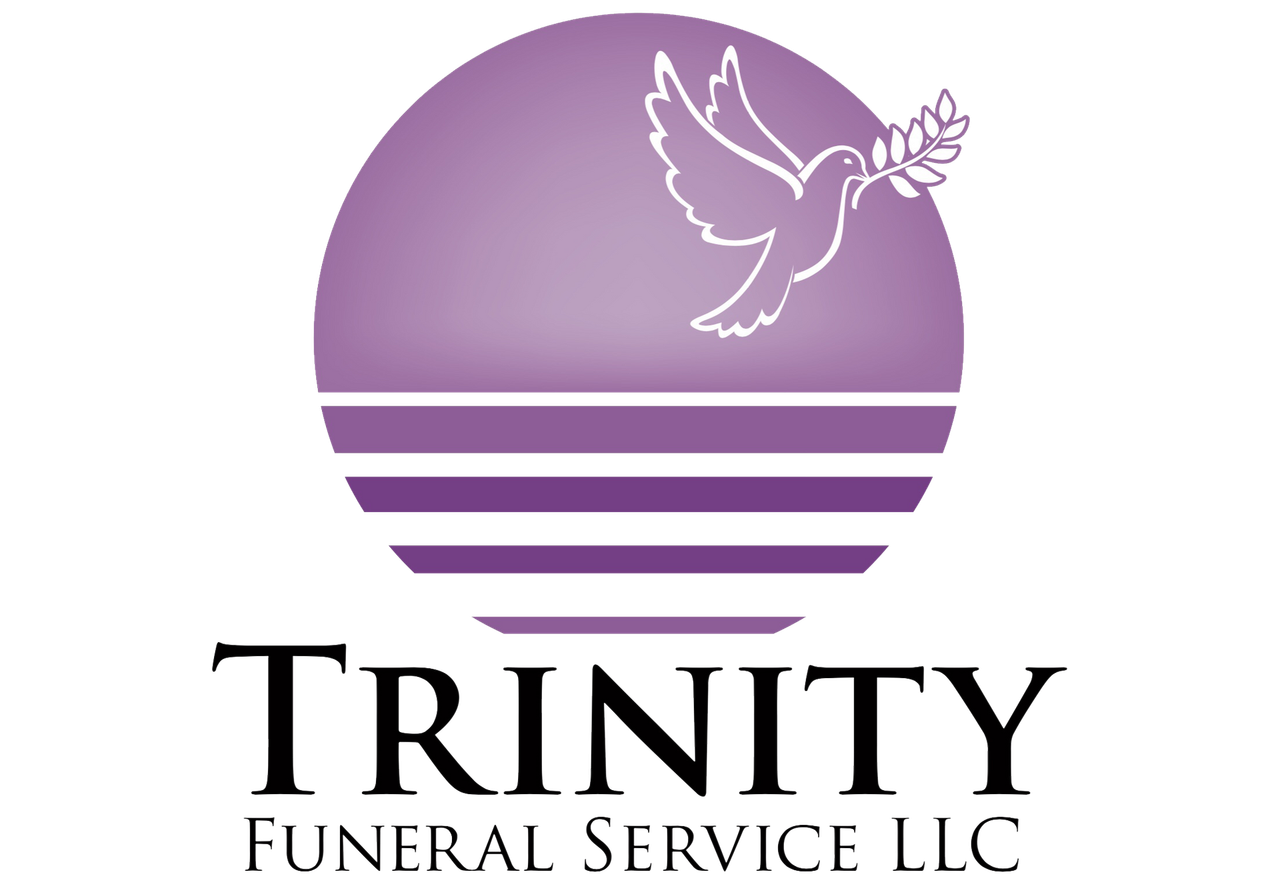 Logo of Trinity Funeral Service: purple dove with olive branch over a purple sun and horizontal lines; black text.