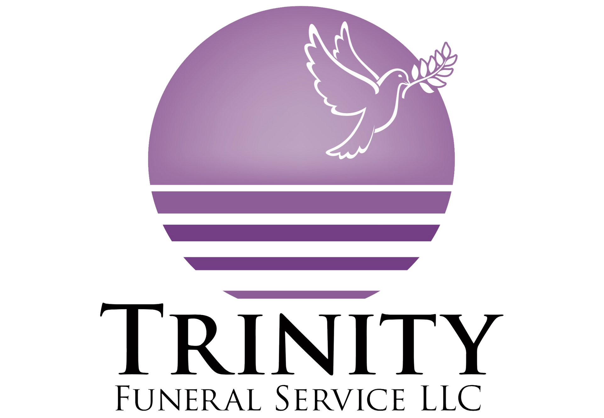 Logo of Trinity Funeral Service: purple dove with olive branch over a purple sun and horizontal lines; black text.