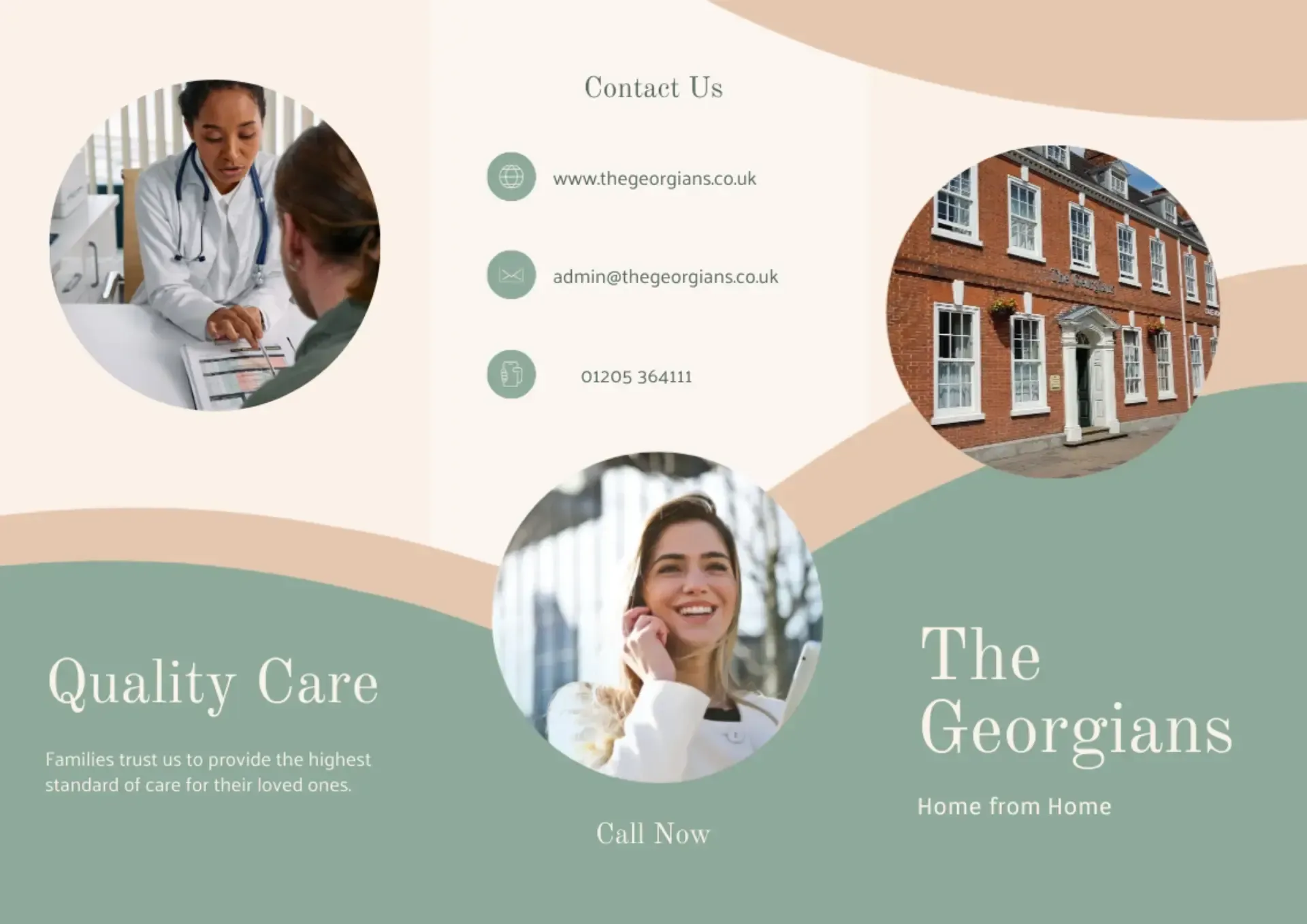 A brochure for a hospital with a doctor and a woman talking on a cell phone.