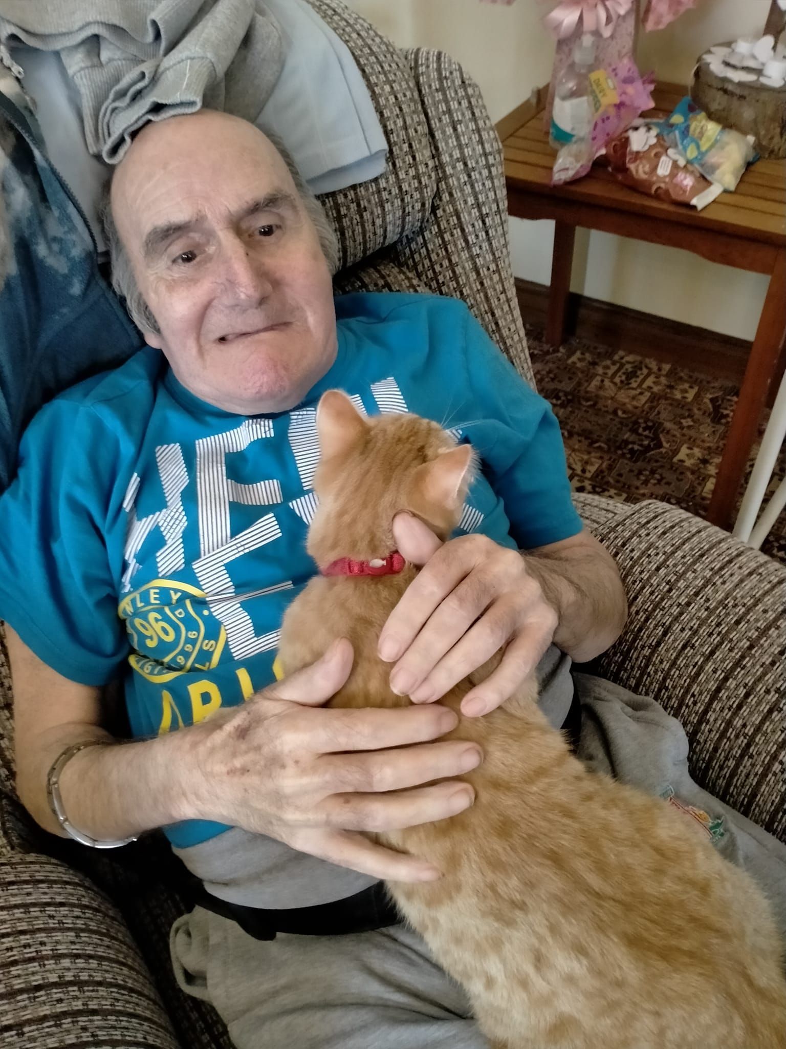 An elderly man is sitting in a chair holding an orange cat.