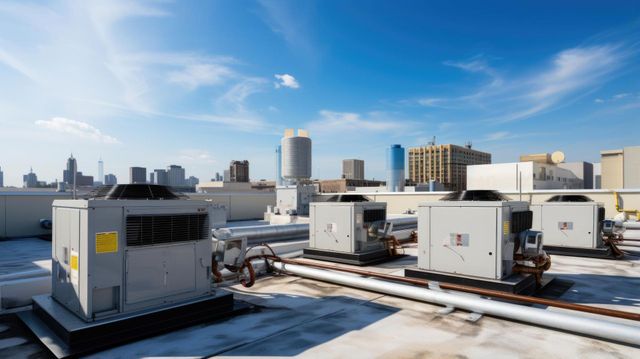 Rooftop view of commercial HVAC units with a city skyline under a blue sky.