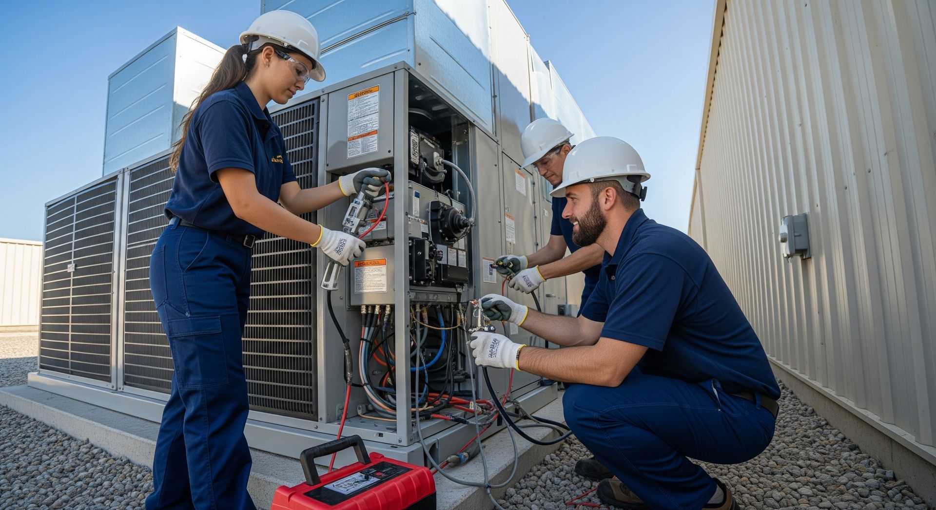 Three HVAC technicians working on a rooftop unit, wearing safety gear.