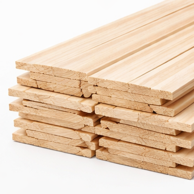 Pila de tablones de madera de colores claros apilados cuidadosamente sobre un fondo blanco.