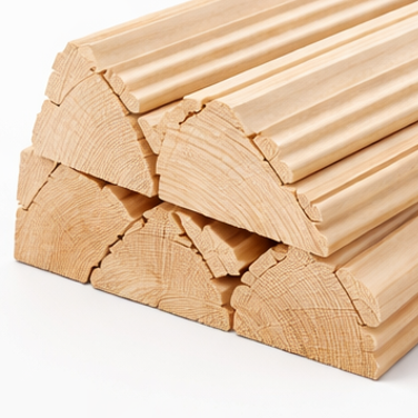 Pila de elementos arquitectónicos de madera moldeada con un diseño estriado.