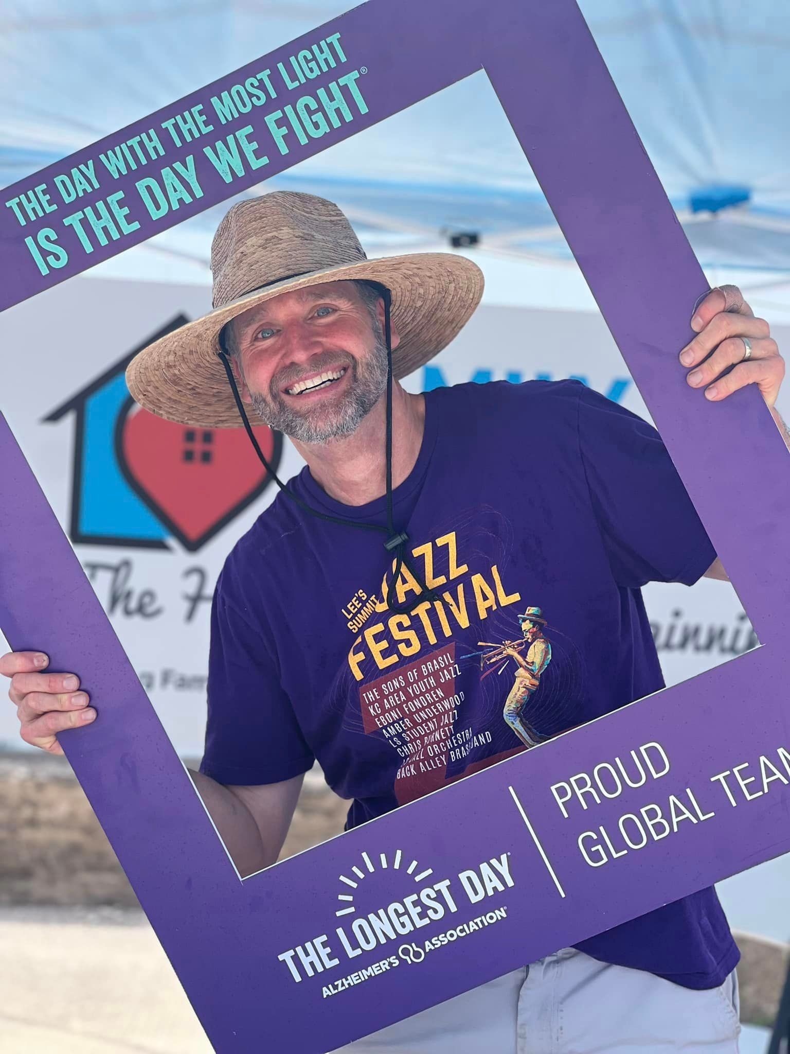Ben Rai in a hat at The Alzehiemers longest-day event at Bridge Space Lee's Summit Jazz Festival