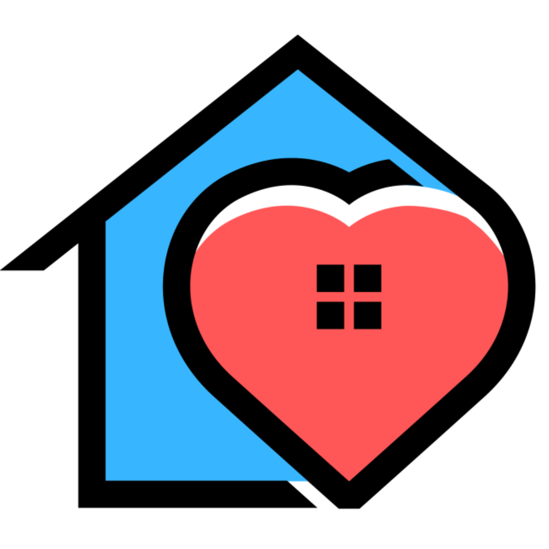 a blue house with a red heart inside of it .