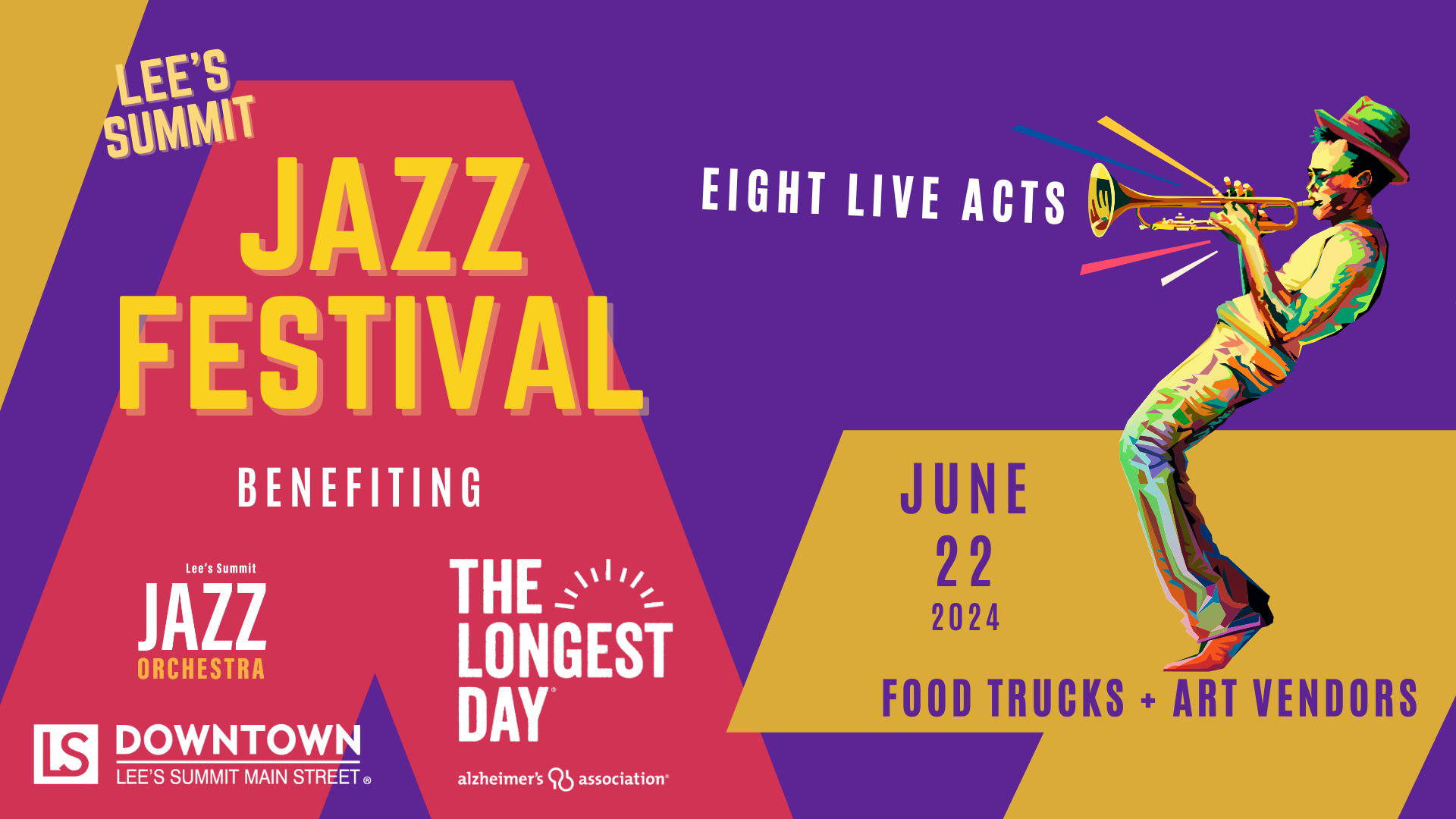 a poster for lee 's summit jazz festival shows a man playing a trumpet .