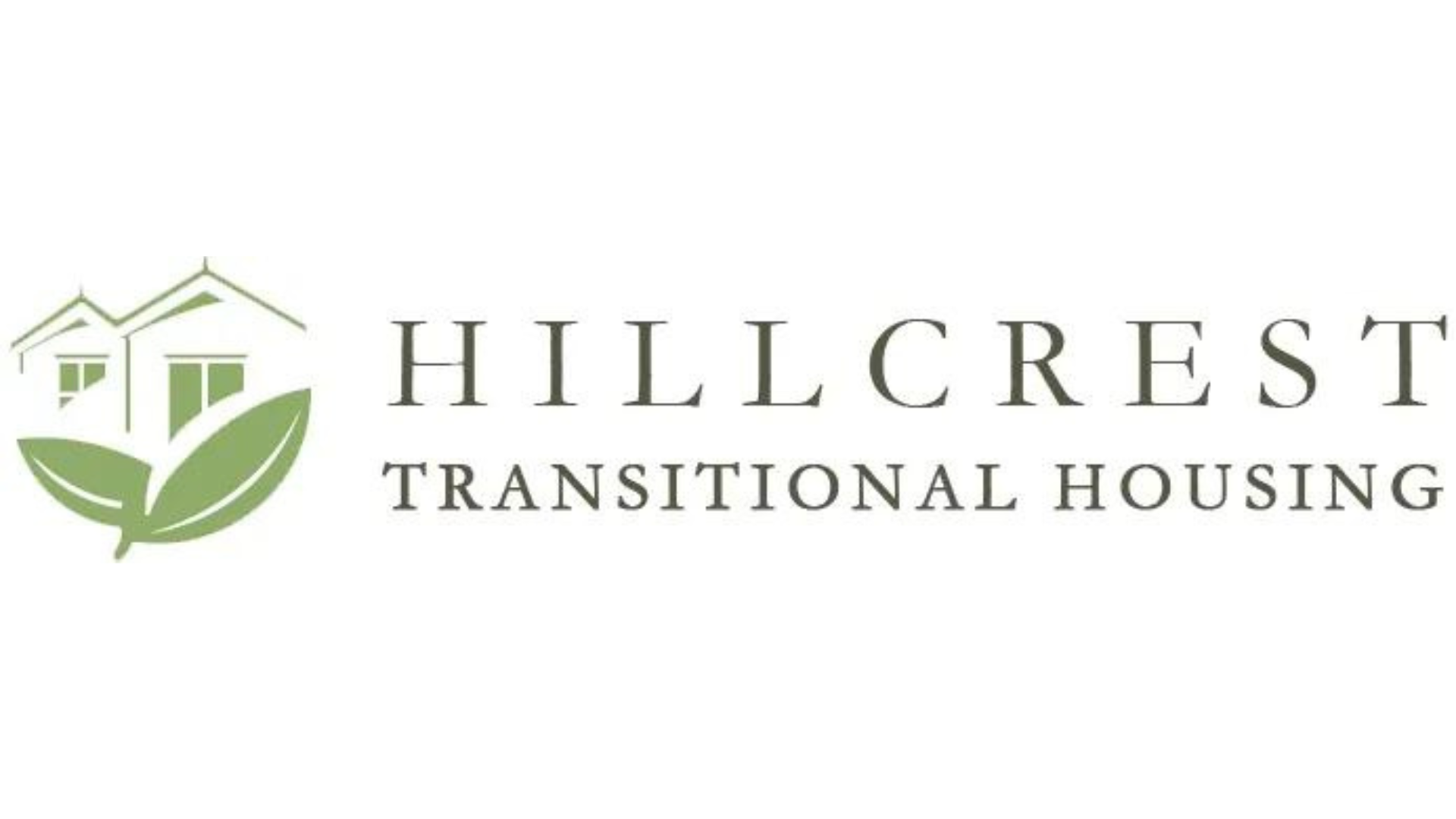 The logo for hillcrest transitional housing shows a house and a leaf.
