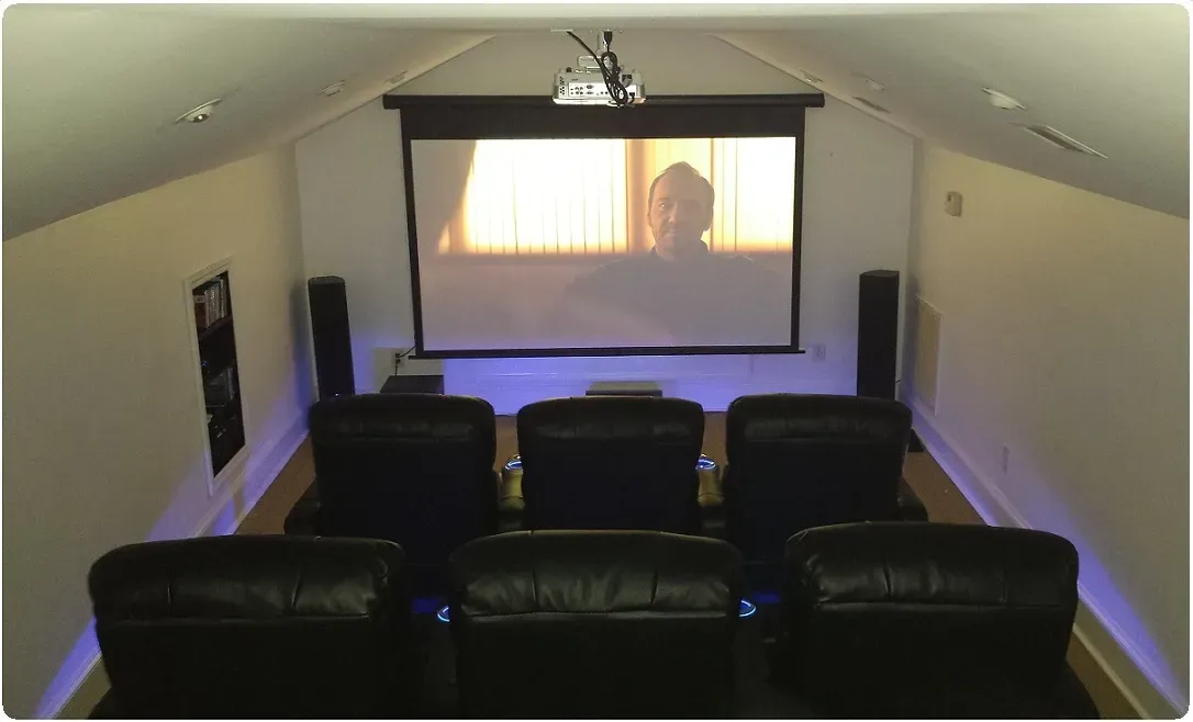 A home theater with a projector screen and black leather seats