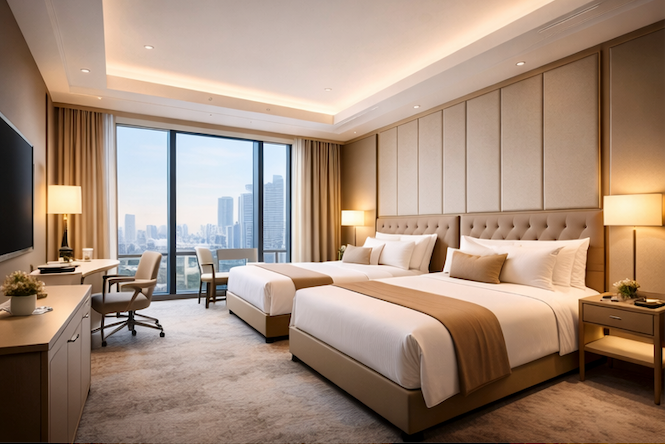 Bedroom with balcony overlooking the ocean. Features a king-size bed, decorative fish artwork, and air conditioning.