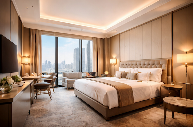 Bedroom with a king bed, ocean view balcony, and fish art on the wall.