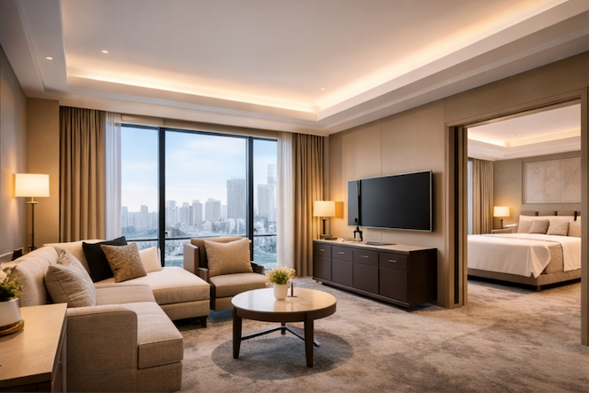 Balcony with wooden railing and chairs overlooking a beach with palm trees and blue sky.