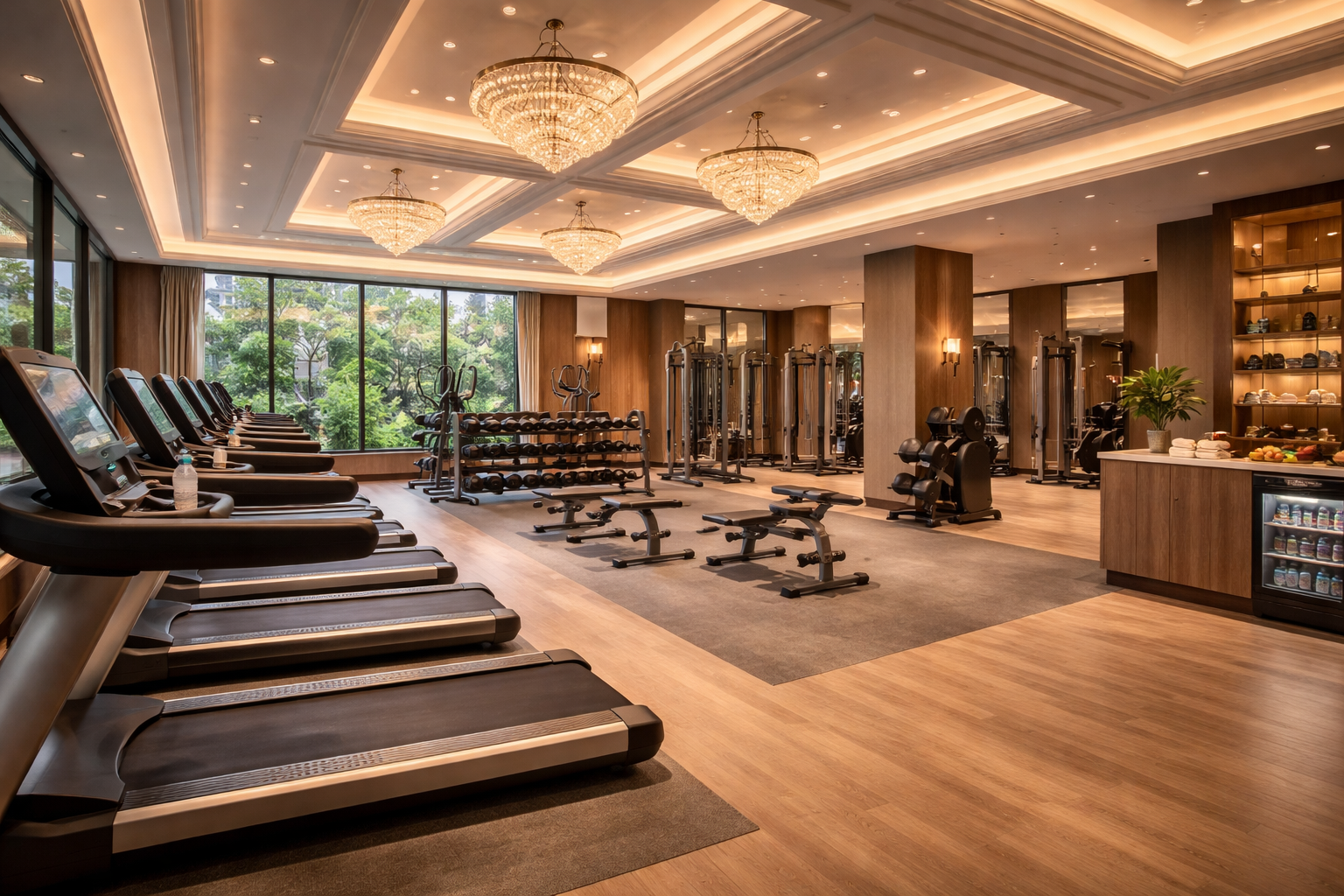 Waterfall cascading into a green pool, surrounded by lush, dark green foliage.