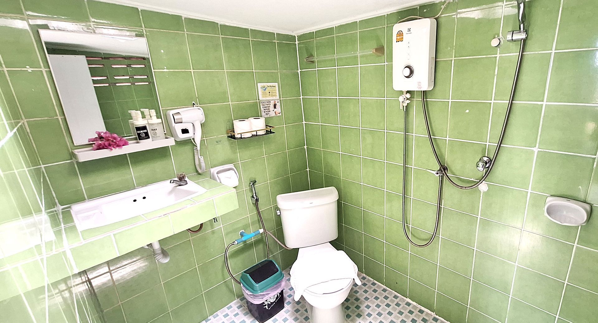 Green-tiled bathroom with a toilet, sink, mirror, shower, and water heater.