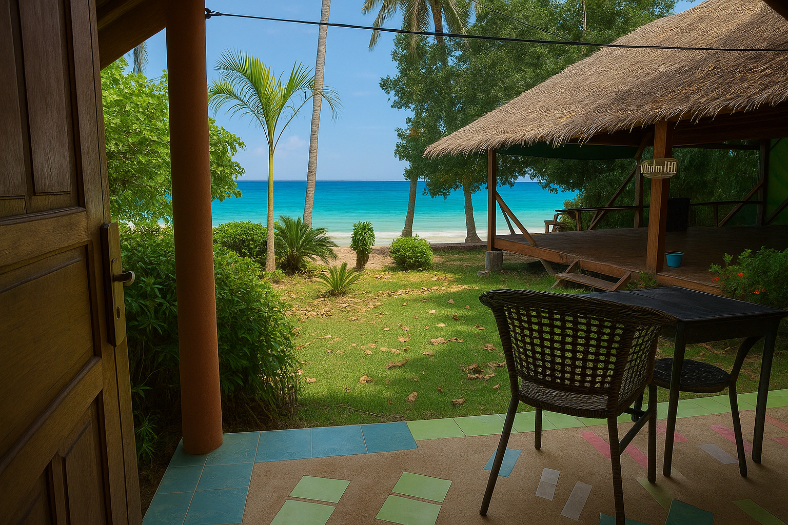 View from a bungalow porch overlooking a green lawn, turquoise ocean, and a thatch-roofed gazebo.