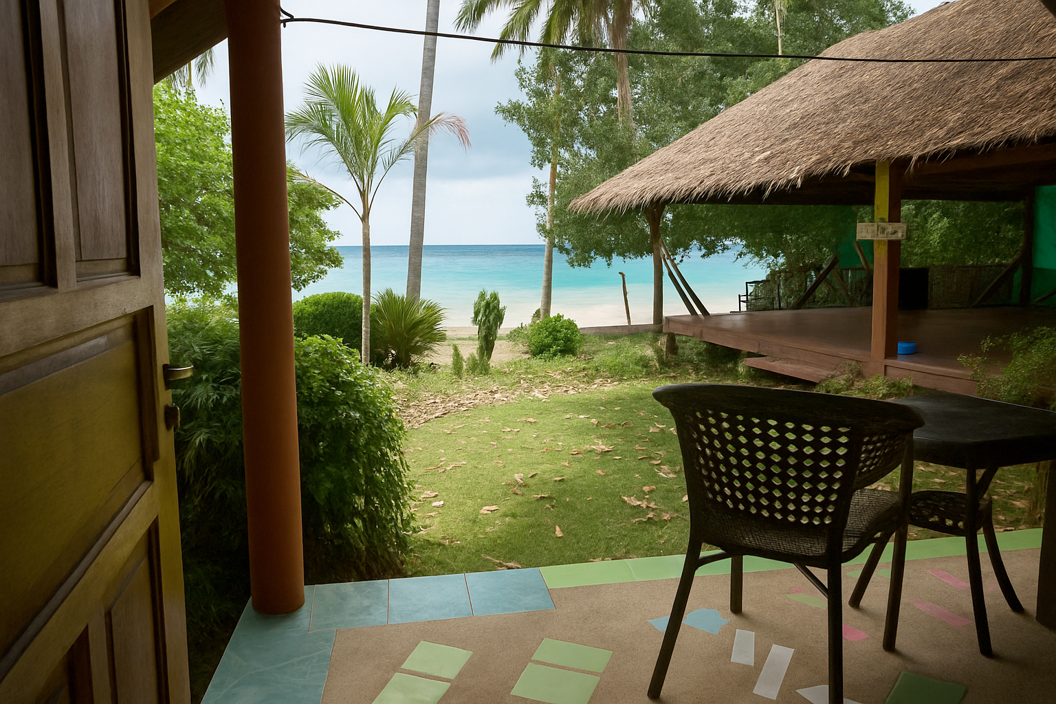 View from a doorway onto a beach, with chairs, deck, and thatched roof in the foreground.