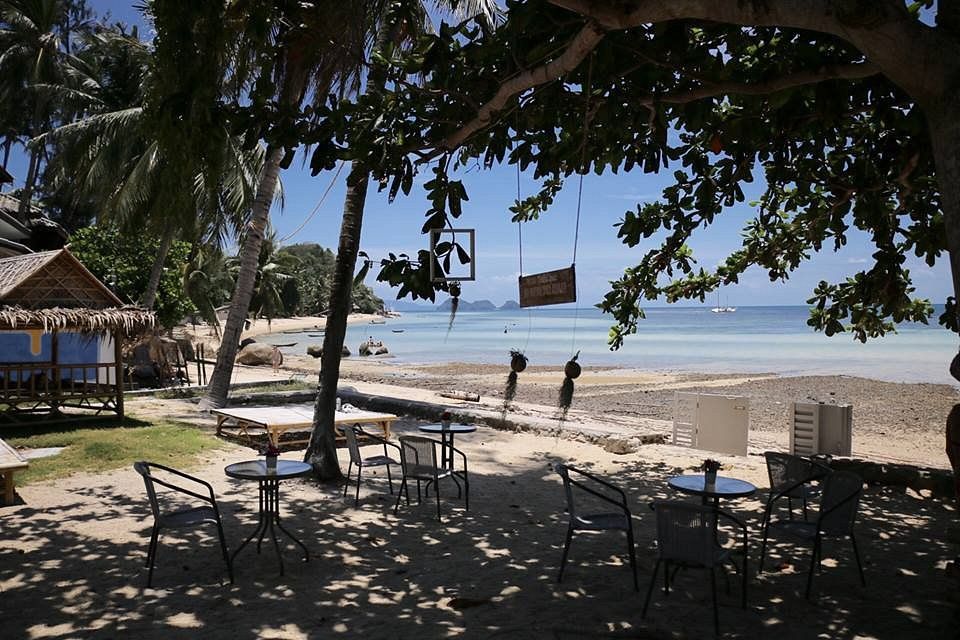 Beachside cafe with tables and chairs under shade, overlooking the ocean, swing hanging from a tree.