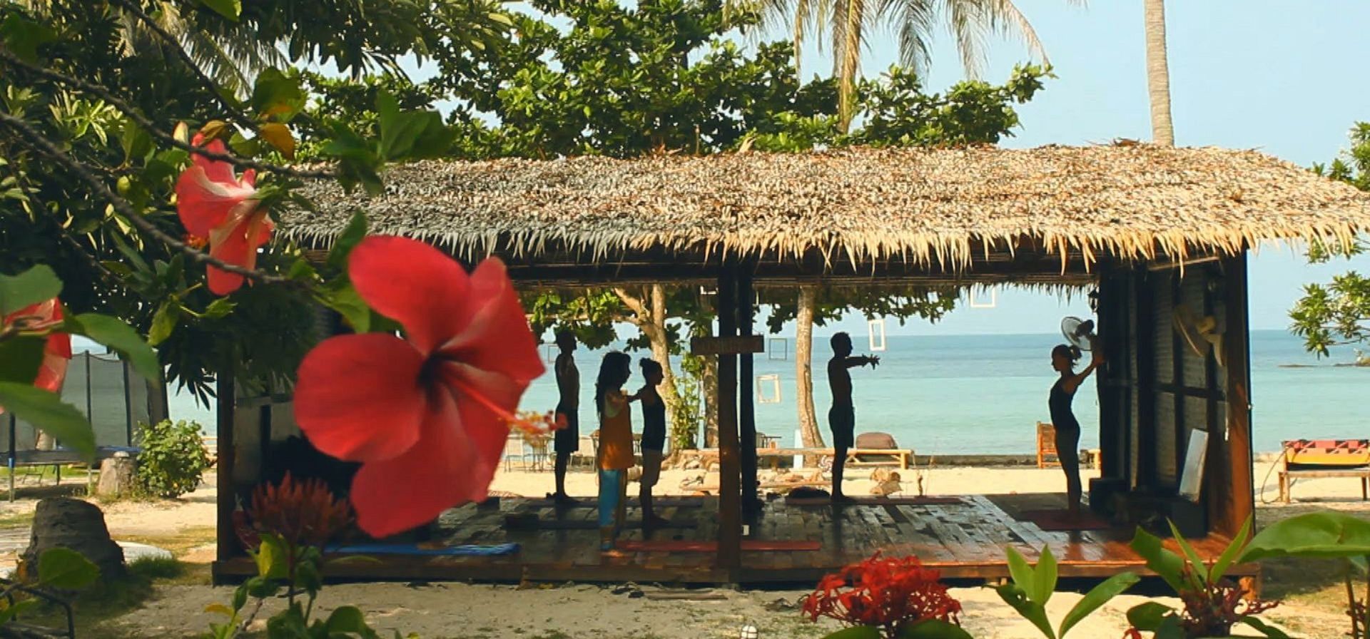 People doing exercise at a beach hut. A large red flower blooms in the foreground.